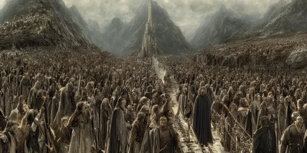 Image similar to Funeral of Aragorn, Arwen at his side, detailed matte painting, cinematic, Alan Lee, Artstation