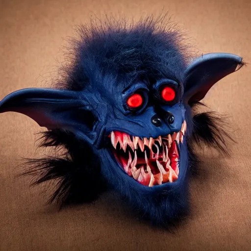 Image similar to detailed full body of scary giant mutant dark blue humanoid pygmy-bat, glowing red eyes, sharp teeth, acid leaking from mouth, realistic, giant, bat ears, bat nose, furred, covered in soft fur, detailed, 85mm f/1.4