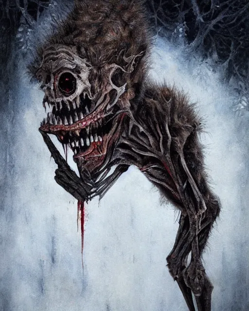 Image similar to Horrifying detailed painting of a pale, emaciated humanoid creature. It has sharp teeth and claws with pale milky eyes; snow, woods, blood; dark cinematic lighting, hyper detailed, moody