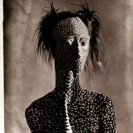 Prompt: photographic portrait max ernst sad woman giraffe feathers