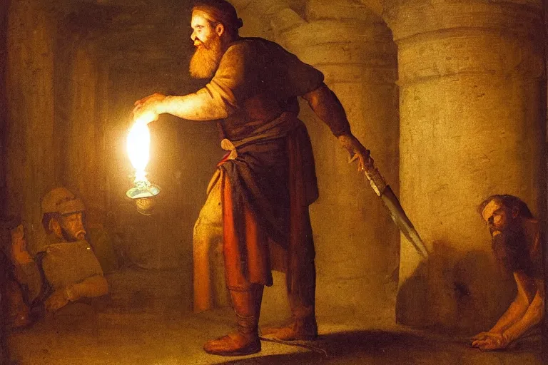 Image similar to a bearded man holds a torch and explores a Dungeon, luminous, Renaissance Painting