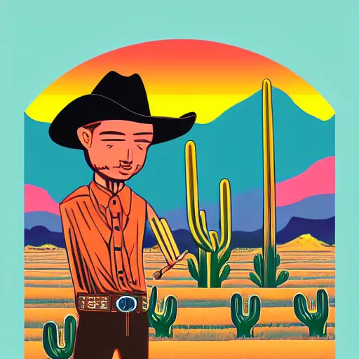 Prompt: digital illustration of cowboy on the range, beautiful New Mexico sunset, cactus, Art Deco, dark deco, award-winning composition, Adobe Illustrator, vibrant colors, vivid color, solid coloring, clean lines, clean ink, animated series, by Eric Radomski