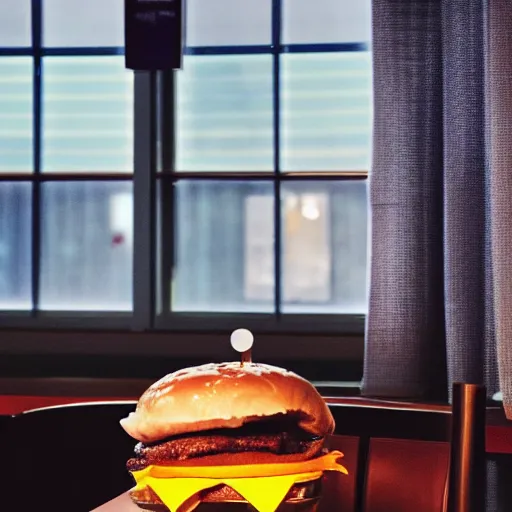 Prompt: a hamburger sitting on a table in a dimly - lit mcdonalds by the window, blue hour