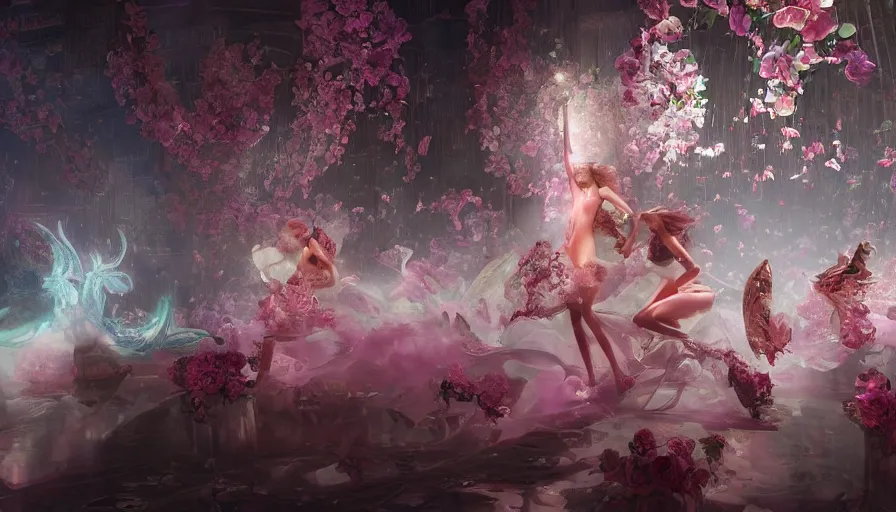 Image similar to victoria secret runway show, light, shadows, reflections, flowers, epic composition, intricate, elegant, volumetric lighting, digital painting, highly detailed, artstation, sharp focus, illustration, concept art, ruan jia, steve mccurry, artgerm and mina petrovic and timothy kong and marina federovna