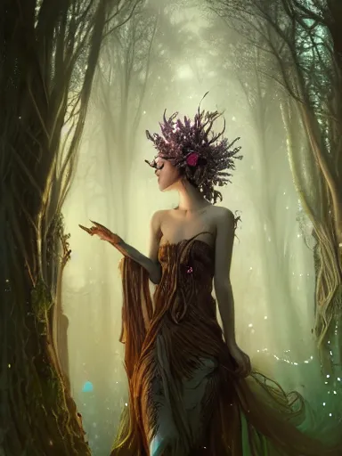 Prompt: earth goddess, forest spirit by james jean, charlie bowater, tom bagshaw, nikolay makovsky, melanie delon : : enchanting, ethereal, magical, glowing, sparkle, iridescent, flowerpunk, portrait, character design, illustration, hyperrealism, photorealism, digital art, concept art, dark fantasy, whimsy, weta, wlop, artstation