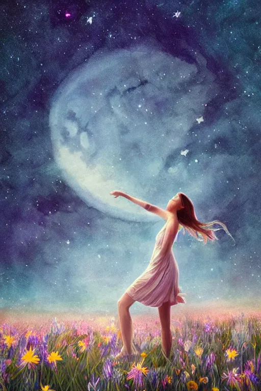 Prompt: breathtaking beautiful mystical illustration of a girl standing in a field of wild flowers gazing up at night sky, stars and milky way and moon, extreme foreshortening, bottom - up perspective, by akageno saru and thomke meyer and julia plath, trending on artstation and tumblr