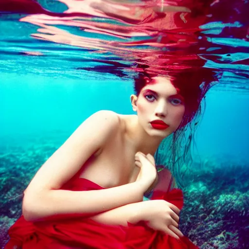 Image similar to beautiful portrait of sensual fashion model in red silk underwater, 35mm film