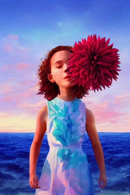 Image similar to closeup girl with huge dahlia flower head, on beach, surreal photography, blue sky, sunrise, dramatic light, impressionist painting, digital painting, artstation, simon stalenhag