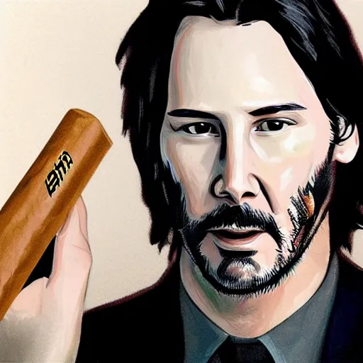 Image similar to a detailed portrait of keanu reeves smoking a cigar art illustration, incredibly highly detailed and realistic, 8 k, sharp focus