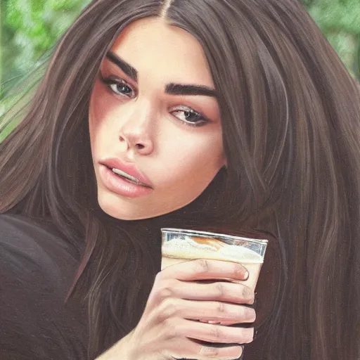 Image similar to 4k,ultra detailed portrait of Madison Beer drinking beer at the parking lot by Rachel Ruysch