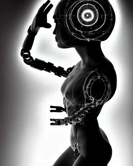 Prompt: black and white cyborg-plant goddess high quality photo, microchip, artificial intelligence, bio-mechanical bio-luminescence, black wired cables, neurons, nerve cells, octane render, cinematic, rim light, hyper realism, photo-realistic, high detail, 8k, masterpiece, high fashion, in the style of Steven Meisel and Dora Maar and H.G. Giger