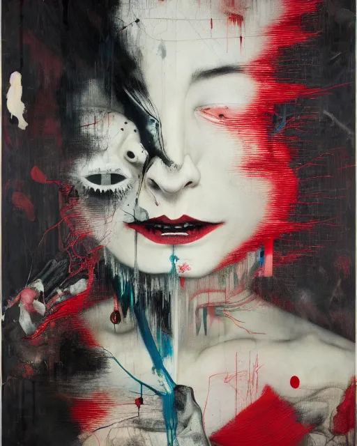 Prompt: i'm the nightmare hauntingly surreal, gothic, rich deep colours, painted by francis bacon, adrian ghenie, james jean and petra cortright, part by gerhard richter, part by takato yamamoto. 8 k masterpiece.