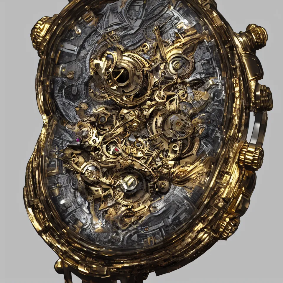 Prompt: Highly detailed digital art of a steampunk watch made of gold and nebula, ArtStation, Unreal Engine, 4K