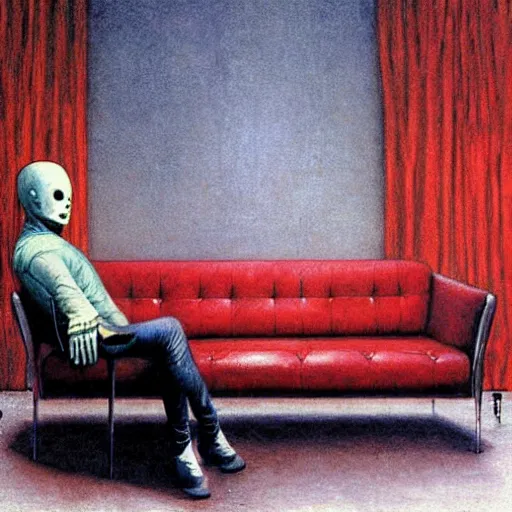 Image similar to michael myers sitting in a red sofa in an art deco living room, award - winning realistic sci - fi concept art by beksinski, bruegel, greg rutkowski, alphonse mucha, and yoshitaka amano