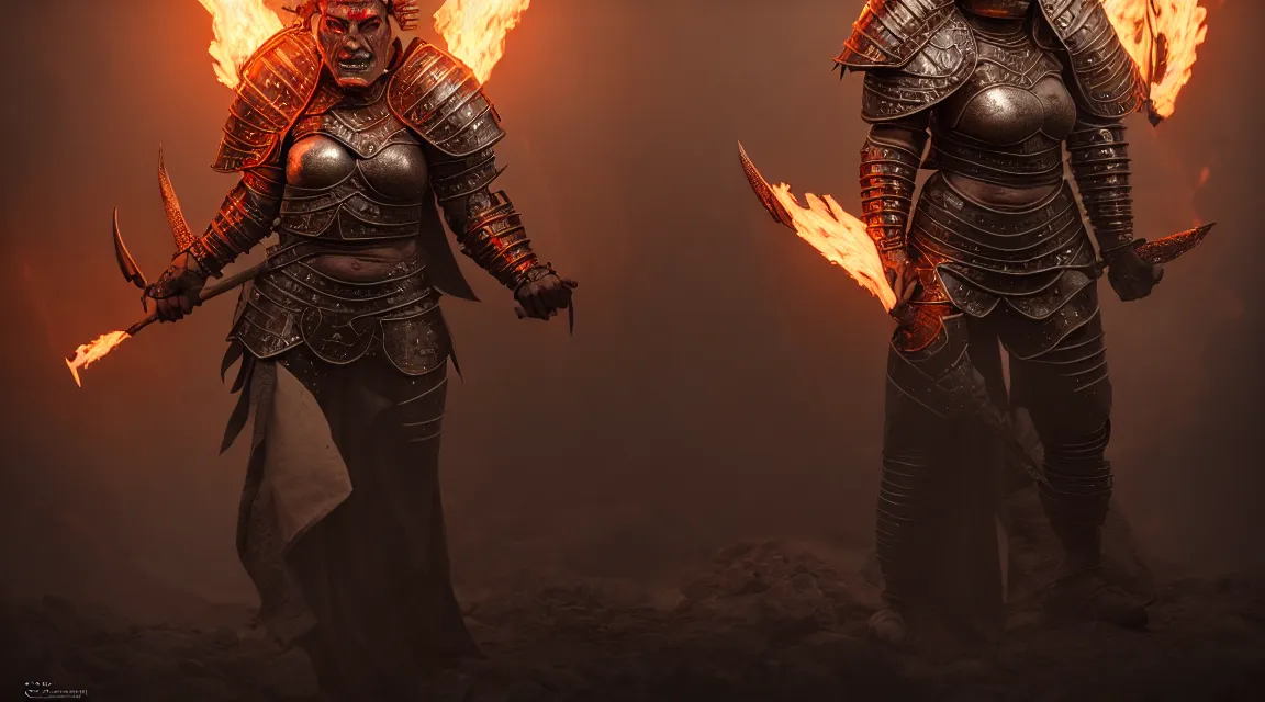 Image similar to epic portrait of female orc in plate armour and crown of fire by cleavanger and elvgren epic awesome gorgeous symmetrical perfect octane vfx maya render realistic