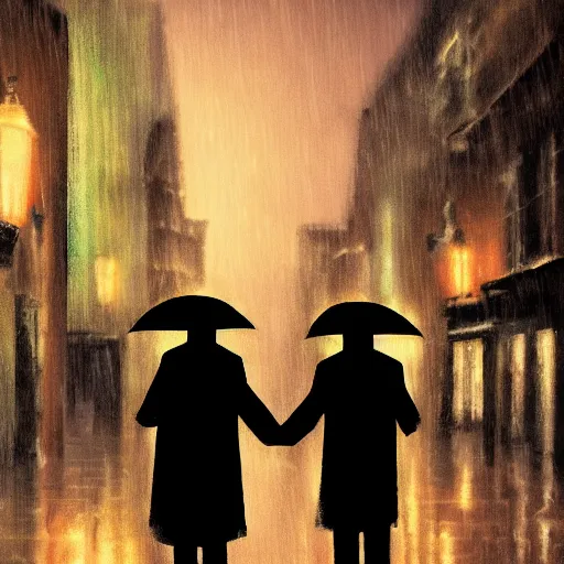 Image similar to an emotional picture of two shadowy figures under one umbrella at night in an ally, it is raining heavily, street lanterns are shining, they are reflected on the rainy street, 35mm, juno filter, motion blur, trending on artstation