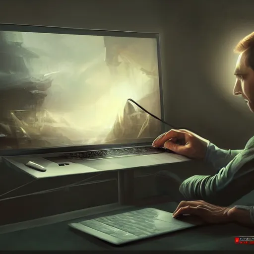 Image similar to realistic man using laptop in gaming room, artstation trends, sci fi concept art, highly detailed, intricate, sharp focus, digital art, 8 k