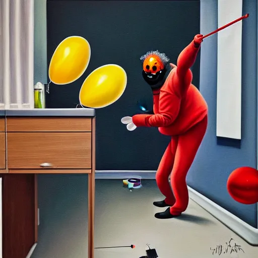 Image similar to hyperrealism painting from the housefly perspective getting swatted at from an angry and sick clown man with a fly swatter in the kitchen