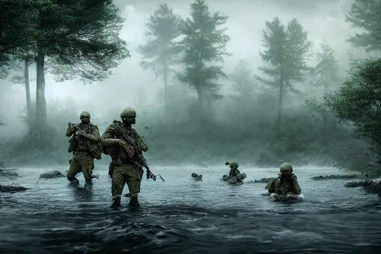 Prompt: a cinematic headshot portrait, of a squad of special soldiers emerging from the water, in a vast serene landscape, with trees and rivers, detailed, deep focus, movie still, dramatic lighting, by michal karcz and yoshitaka amano