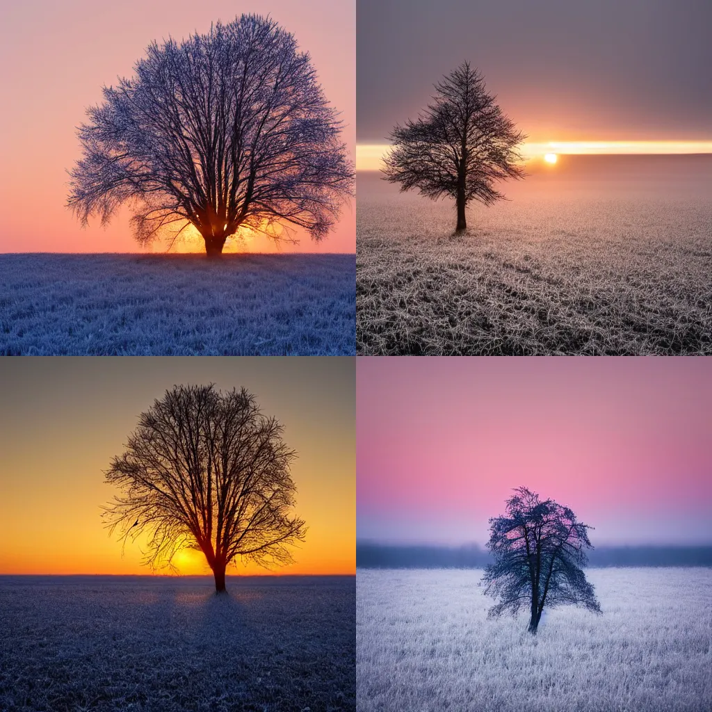 Prompt: a lone tree in a frosty field at sunset, a tilt shift photo by arthur burdett frost, shutterstock contest winner, tonalism, soft mist, shallow depth of field, made of mist