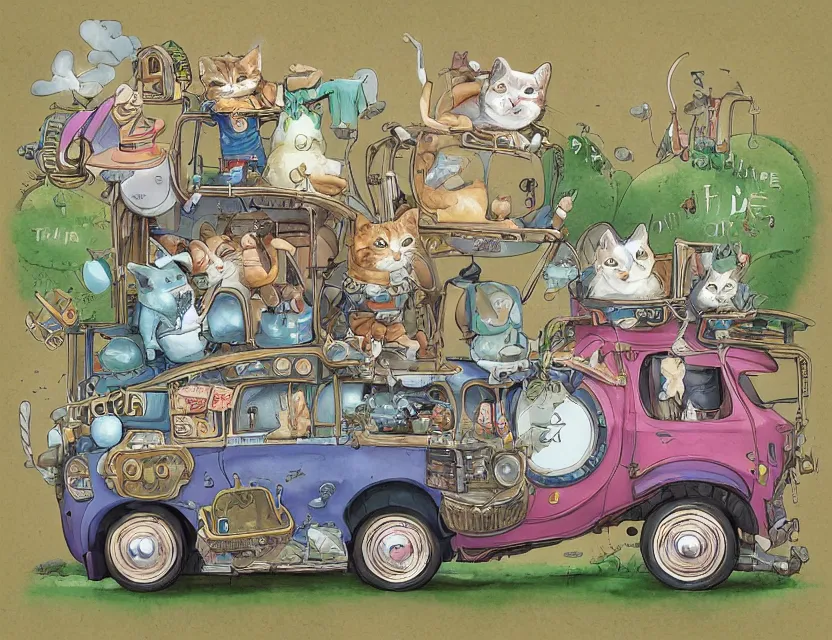 Prompt: cute and funny, a garden gnome driving a steampunk bus, a cat is on the roof holding on for dear life, ratfink style by ed roth, centered award winning watercolor pen illustration, isometric illustration by chihiro iwasaki, edited by range murata, tiny details by artgerm and watercolor girl, symmetrically isometrically centered, sharply focused