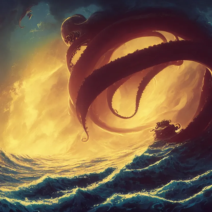 Prompt: treasure planet, kraken monster in a stormy sea with huge waves, huge tentacles, clouds, stars, rings, beautiful lighting, vivid colors, intricate, elegant, smooth, concept art, cinematic, unreal engine, wallpaper, by syd mead, terada katsuya, atey ghailan, svetlin velinov, makoto shinkai art style