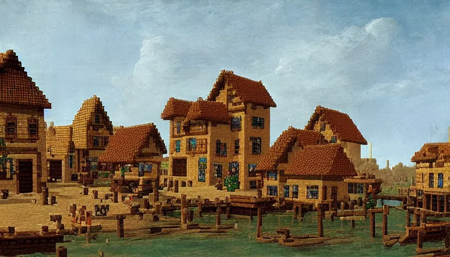 Prompt: a minecraft village, by canaletto