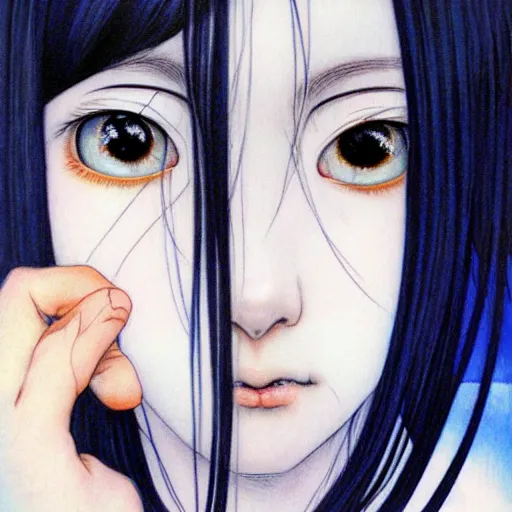 Image similar to a portrait of a character, black hair, blue eyes, by Miho Hirano