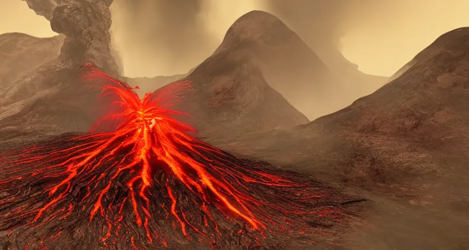 Image similar to a volcano made of ivory vines and crimson rocks enters in eruption, it spits a smoke in the shape of demonic eye, from NCSOFT