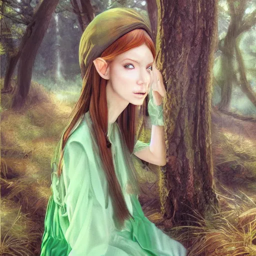 Image similar to a realistic portrait of a realistic female elf with a long withe and light green dress in the woods , perfect and hyperrealistic ultra detailed face, by WLOP