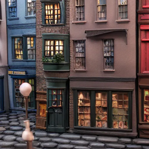 Image similar to photo of a diorama of diagon alley, outside view, extreme details, soft lighting, realistic octane render, depth of field, tilt shift, 8k