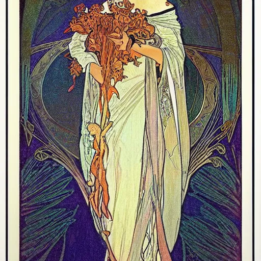 Image similar to a beautiful handmade embroidery of a woman by alphonse mucha. hand embroidery.