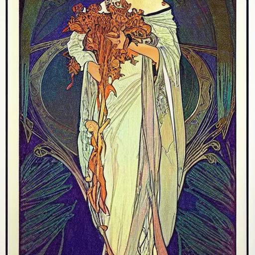 Prompt: a beautiful handmade embroidery of a woman by alphonse mucha. hand embroidery.