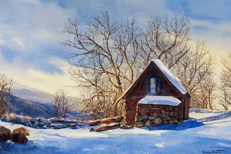 Prompt: watercolor painting of cabin at rocky hill, reflective, stone walls, winter, sunlight, morning, ambient lighting, art by hans dahl