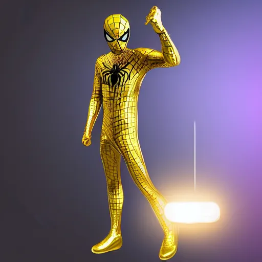 Image similar to gold spider - man suit with black web lining, cinematic, volumetric lighting, realistic, hyperdetailed, photorealistic, photograph