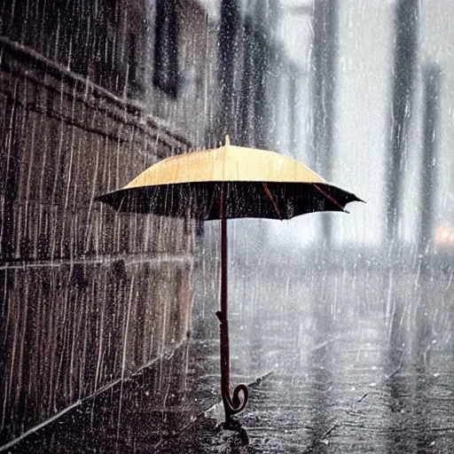 Prompt: a wooden umbrella leaning against your knee, raining, photo