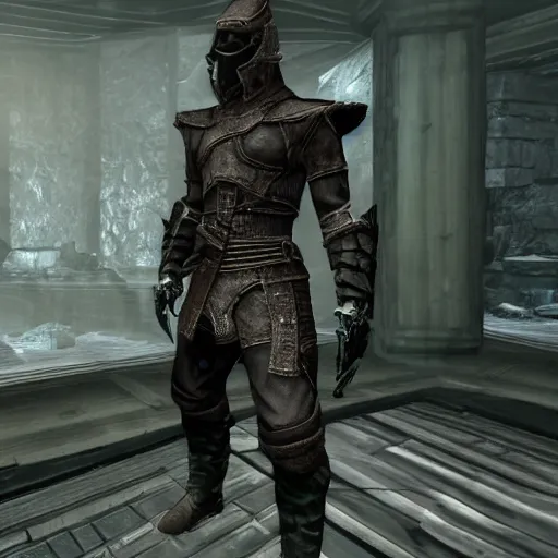Prompt: screenshot from skyrim of an npc character dressed in cyberpunk streetwear designed by raf simons, in - game screenshot