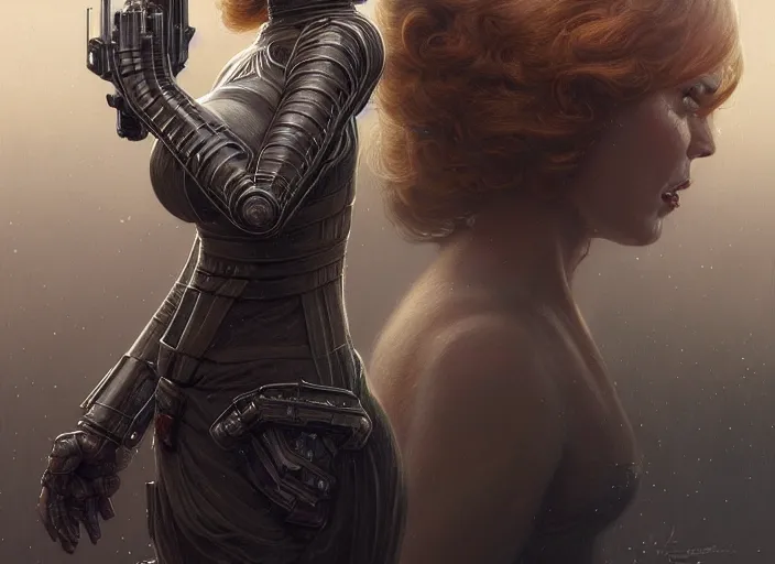 Image similar to low angle portrait shot of christina hendricks in star wars, intricate, elegant, highly detailed, centered, digital painting, artstation, concept art, smooth, sharp focus, illustration, artgerm, tomasz alen kopera, peter mohrbacher, donato giancola, joseph christian leyendecker, wlop, boris vallejo