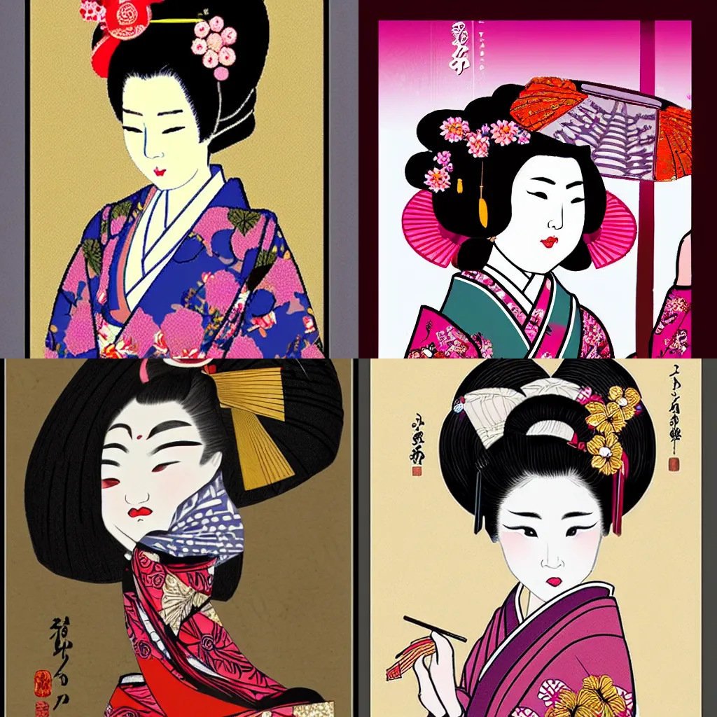 Prompt: beautiful geisha in the style of nihonga