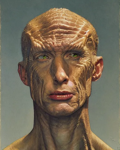 Image similar to upper body and head portrait of lizard man, by norman rockwell, roberto ferri, daniel gerhartz, edd cartier, jack kirby, howard v brown, ruan jia, tom lovell, frank r paul, jacob collins, dean cornwell, 5 0 s pulp scifi fantasy illustration