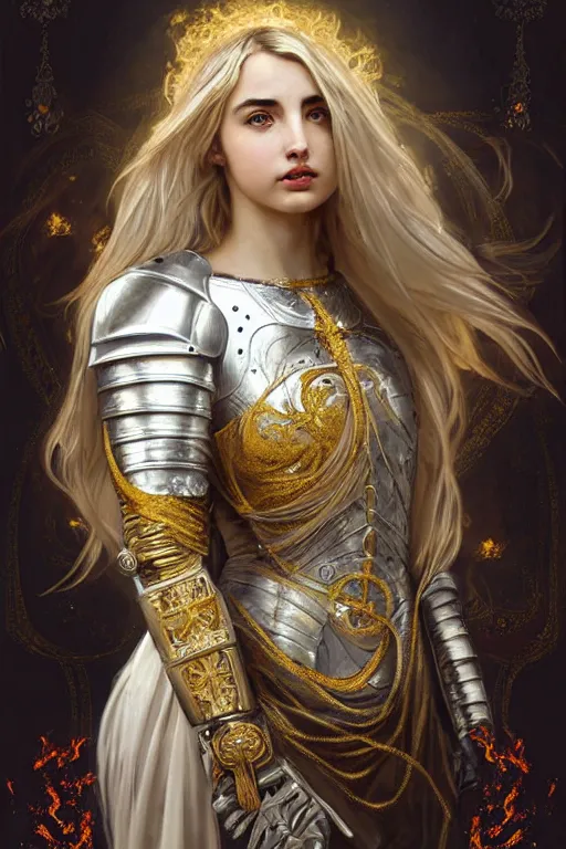 Image similar to ana de armas beautiful and victorian and holy and divine and elite young medieval female white armor knight portrait +shiny eyes+front face with long flowing hair, white hair, ultradetail face, gold filigree, body covered in fire, art and illustration by tian zi and craig mullins and WLOP and alphonse mucha, fantasy, sci-fi, intricate complexity, human structure, human anatomy, fantasy character concept, watermark, blurry, hyperrealism 8k, warm golden backlit