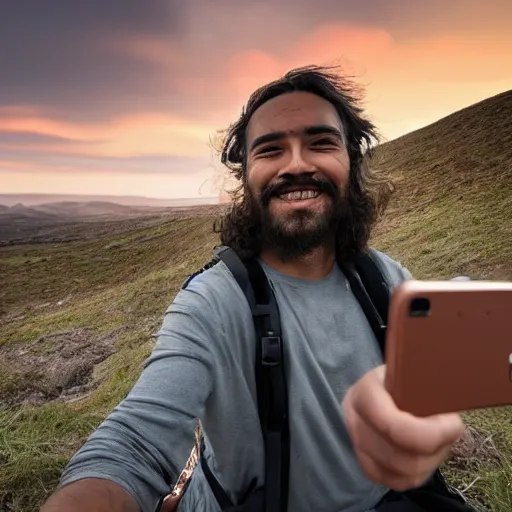 Image similar to the last ever human on earth taking a selfie, 4k, high detail, high-resolution photograph, professional photography, ultra-detail