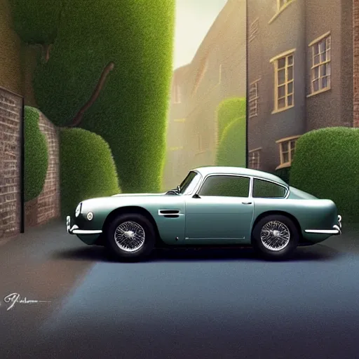 Prompt: a wholesome animation key shot of a toy aston martin db 5, in a rich london mews residential street, medium range, studio ghibli, ( pixar ) and disney animation, sharp, very detailed, unreal engine 5 render, bloom, high resolution, anime key art by greg rutkowski