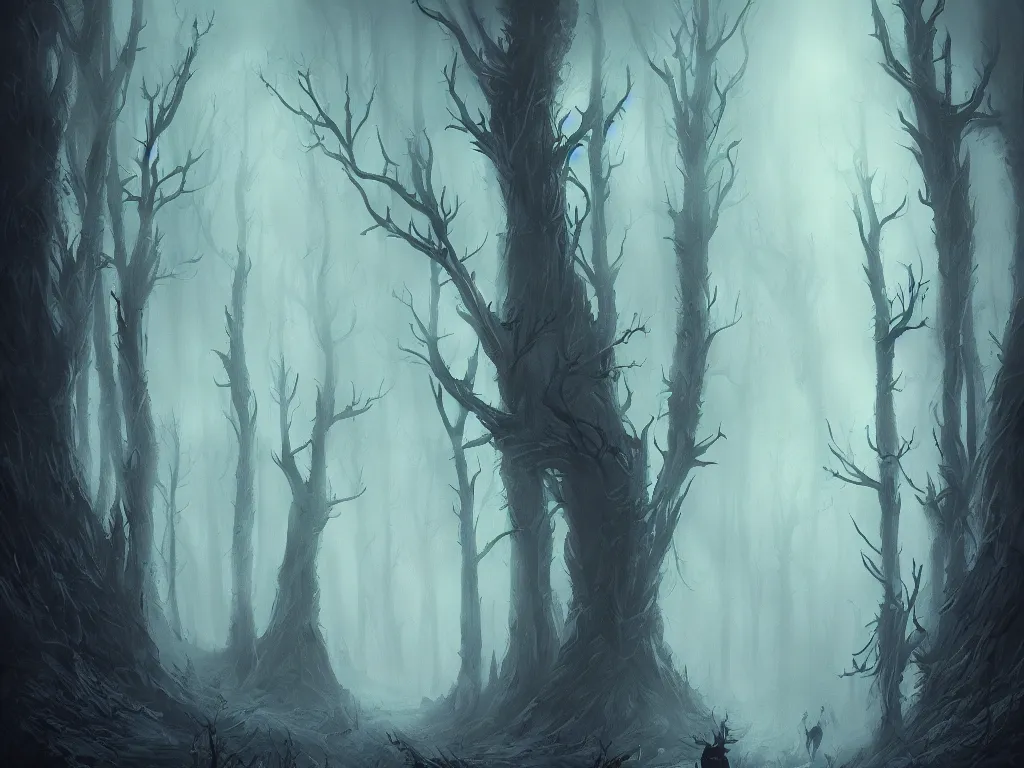 Image similar to fantasy haunted dark forest, foggy, detailed, digital art, a dark forest with humanoids walking through and evil spirits lurk in the shadows, by Anato Finnstark, artstation