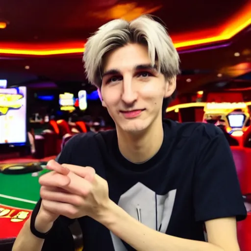 Image similar to handsome xqc gambling : : realistic : : 1 dslr : : 1 - - quality 2