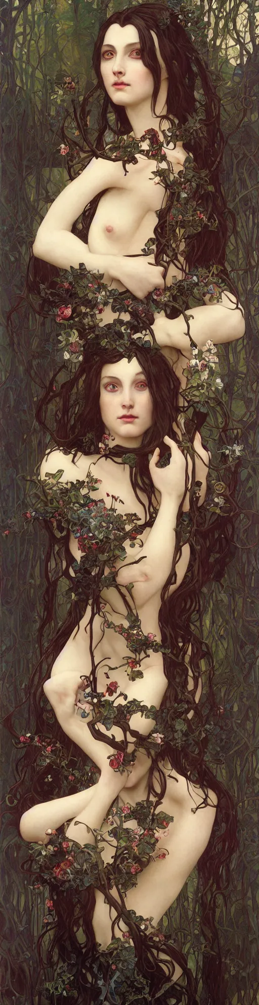 Image similar to masterpiece painting of ephemeral vampire raven haired girl by donato giancola, darius zawadzki and tom bagshaw, face by artgerm and edmund leighton, alphonse mucha, background by james jean and gustav klimt, 8 k, horror, dark color palette, volumetric lighting, porcelain skin, french nouveau, trending on pixiv