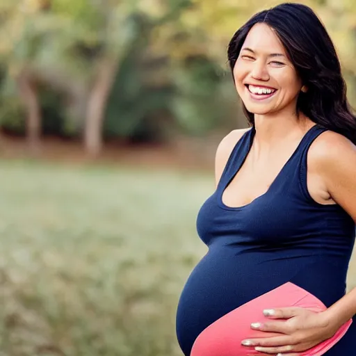 Prompt: zesty woman smiling big while pregnant
