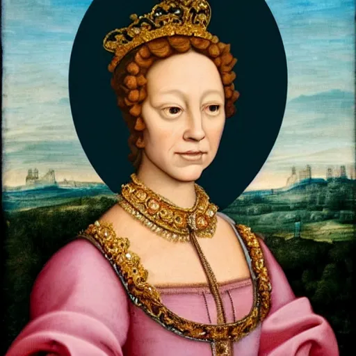 Image similar to detailed renaissance style portrait, donald trump as a royal woman during the renaissance, she is wearing pale makeup with light pink cheeks, the overall vibe is very emotionless and empty