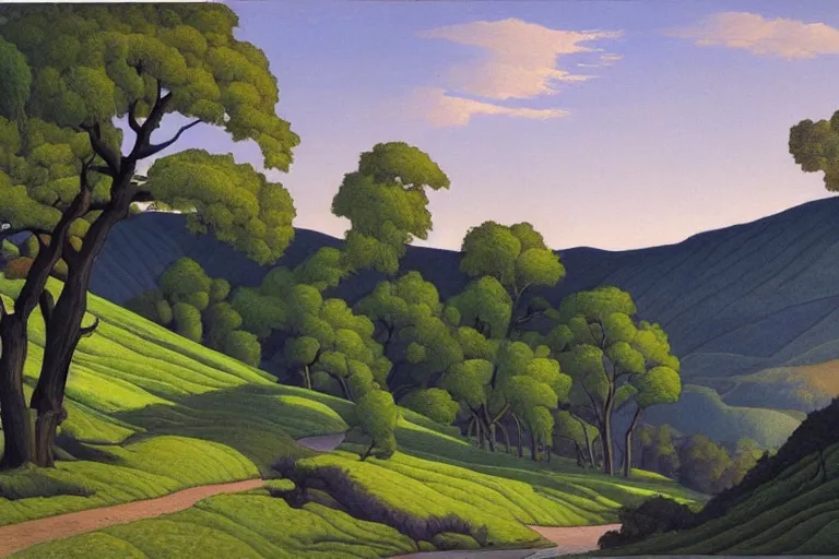 Prompt: masterpiece painting of oak trees on a hillside overlooking a creek, dramatic lighting, by a. j. casson