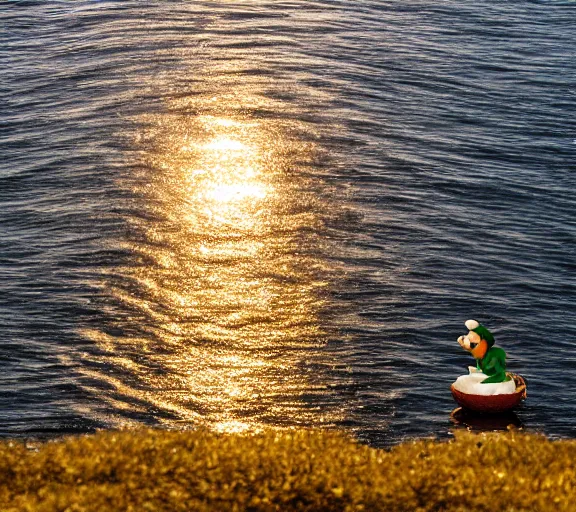 Image similar to luigi floating on an egg over the sea, wide shot, dramatic, golden hour